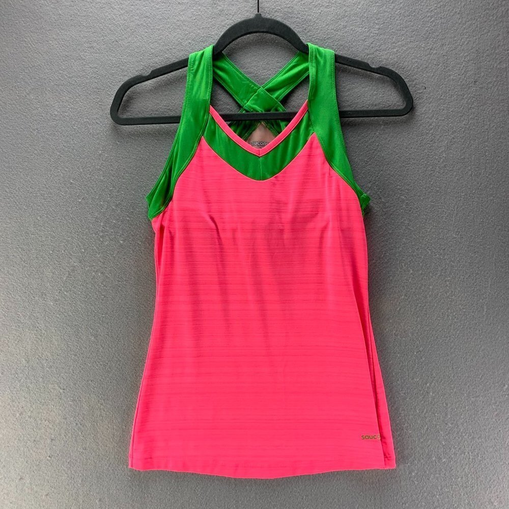 Saucony Athletic Tank Womens Small Pink Green Running Racerback Built In‎ Bra